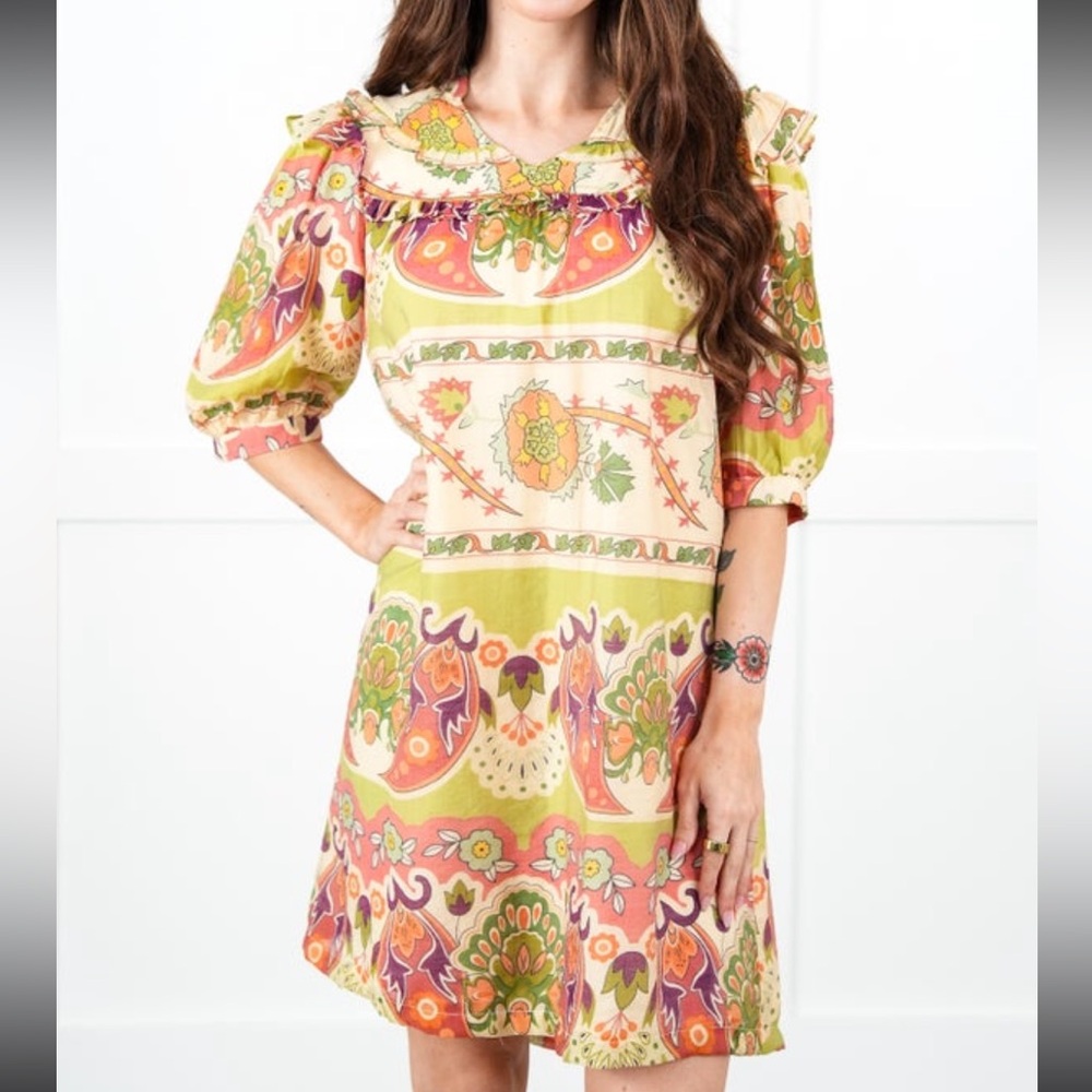 NWT Umgee Abstract Floral Puff Sleeve Dress Sz S
